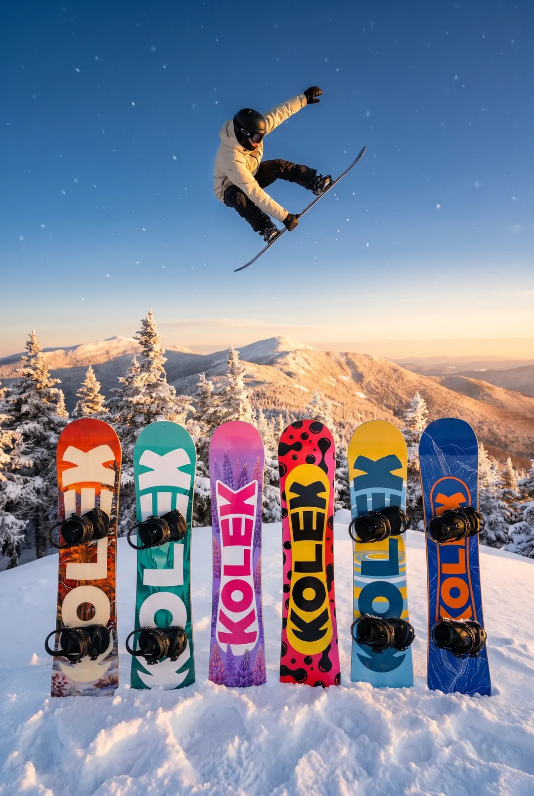 All six Kolek snowboards standing in the snow with a rider flying above them