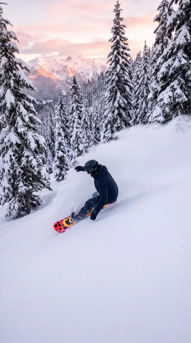 A snowboarder carving a red board through powder