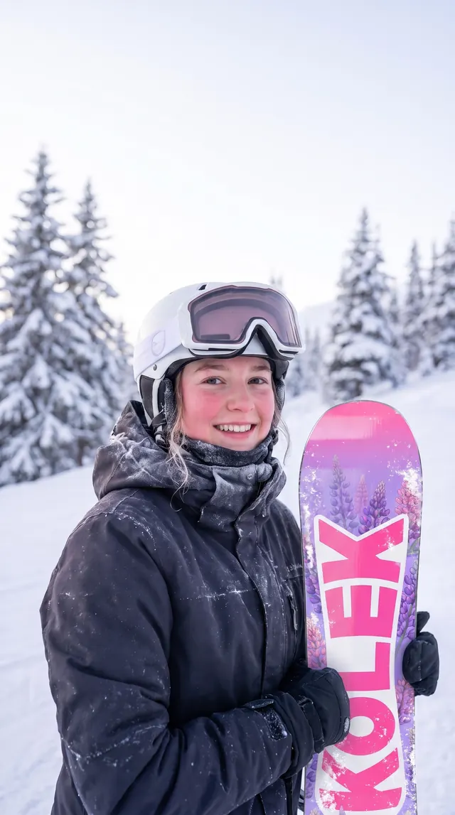 A smiling snowboarder holding a lilac board
